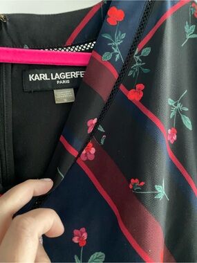 Karl Lagerfeld Navy Floral Handkerchief Dress with Pink and Red Accents